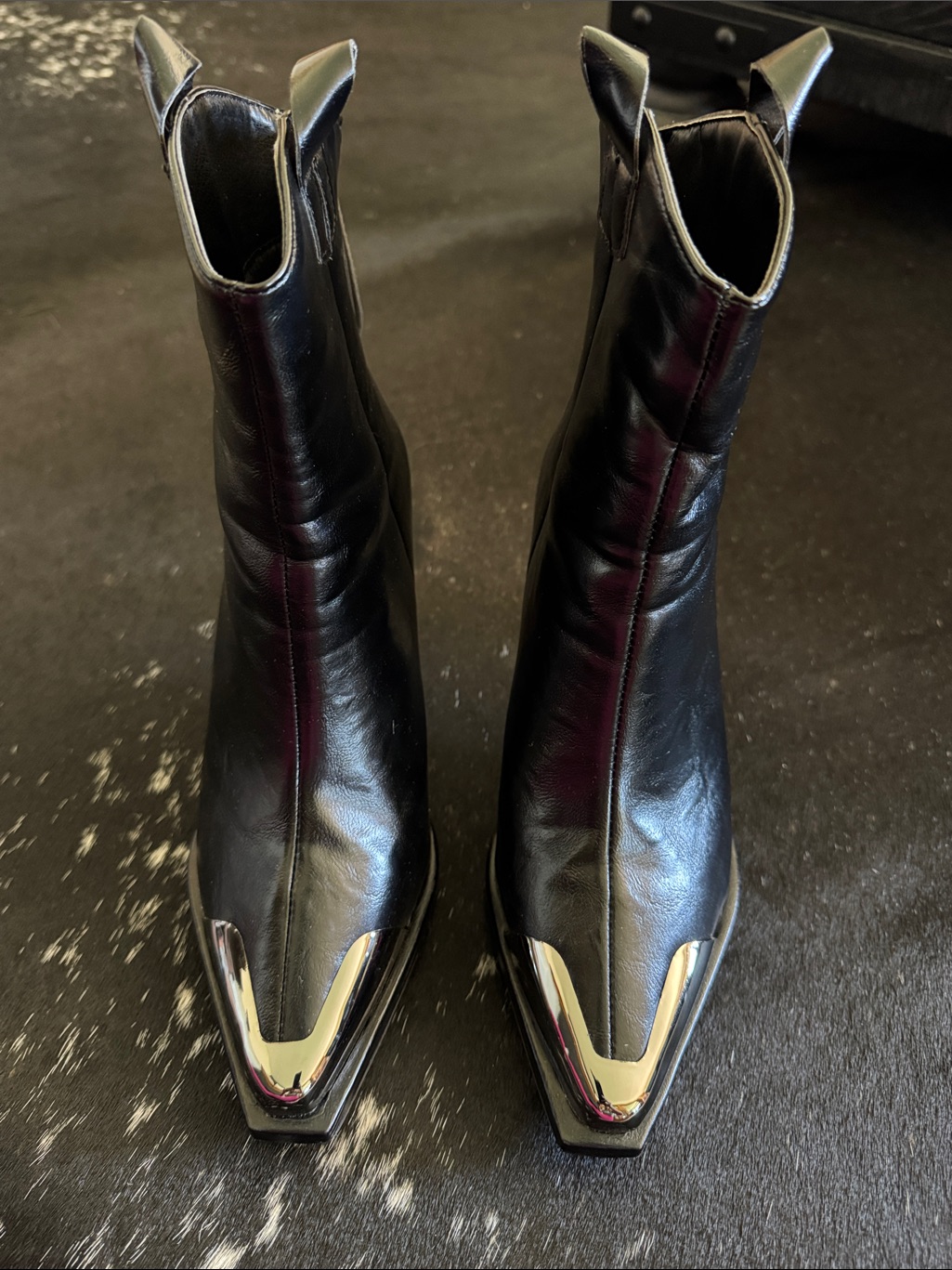 Black Pointed Toe Ankle Boots With Silver Toe Cap